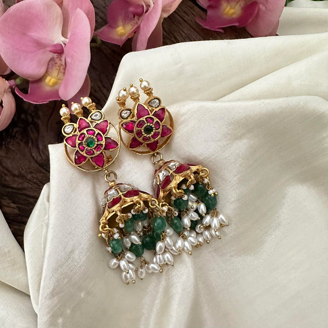 Precious Floral Jadau Kundan Jhumkas-Green Beads-Rice Pearl-J2142