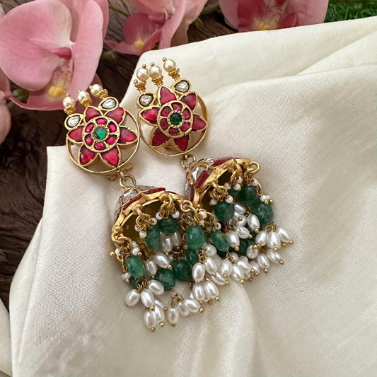 Precious Floral Jadau Kundan Jhumkas-Green Beads-Rice Pearl-J2142