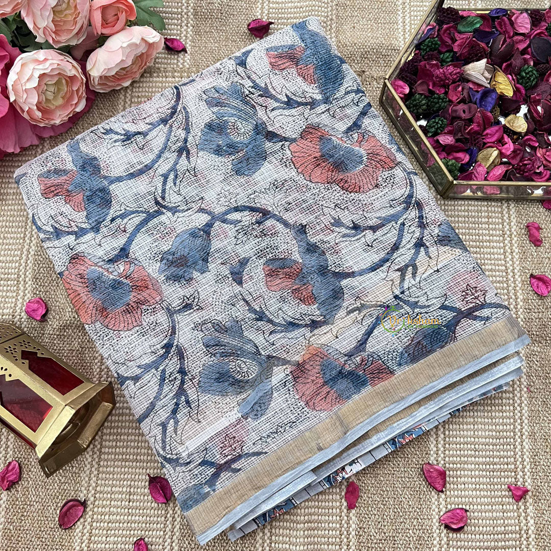 Vriksham Decorative White Pastel Floral Print Hand block Kota Cotton Saree-VS4927