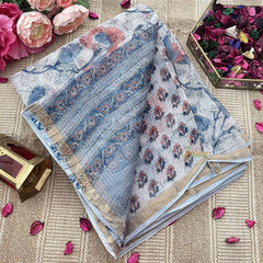 Vriksham Decorative White Pastel Floral Print Hand block Kota Cotton Saree-VS4927