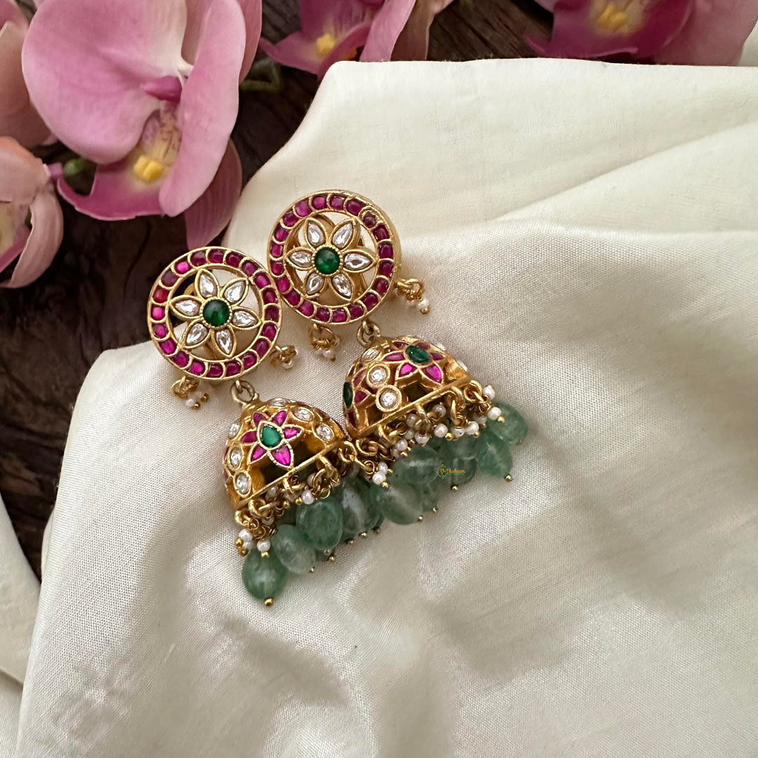 Jadau Kundan Floral Jhumkas-Pastel Green Beads-Pearl-J2141