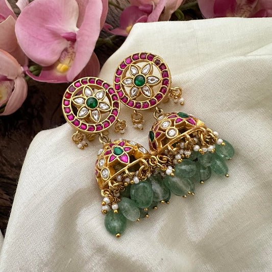 Jadau Kundan Floral Jhumkas-Pastel Green Beads-Pearl-J2141