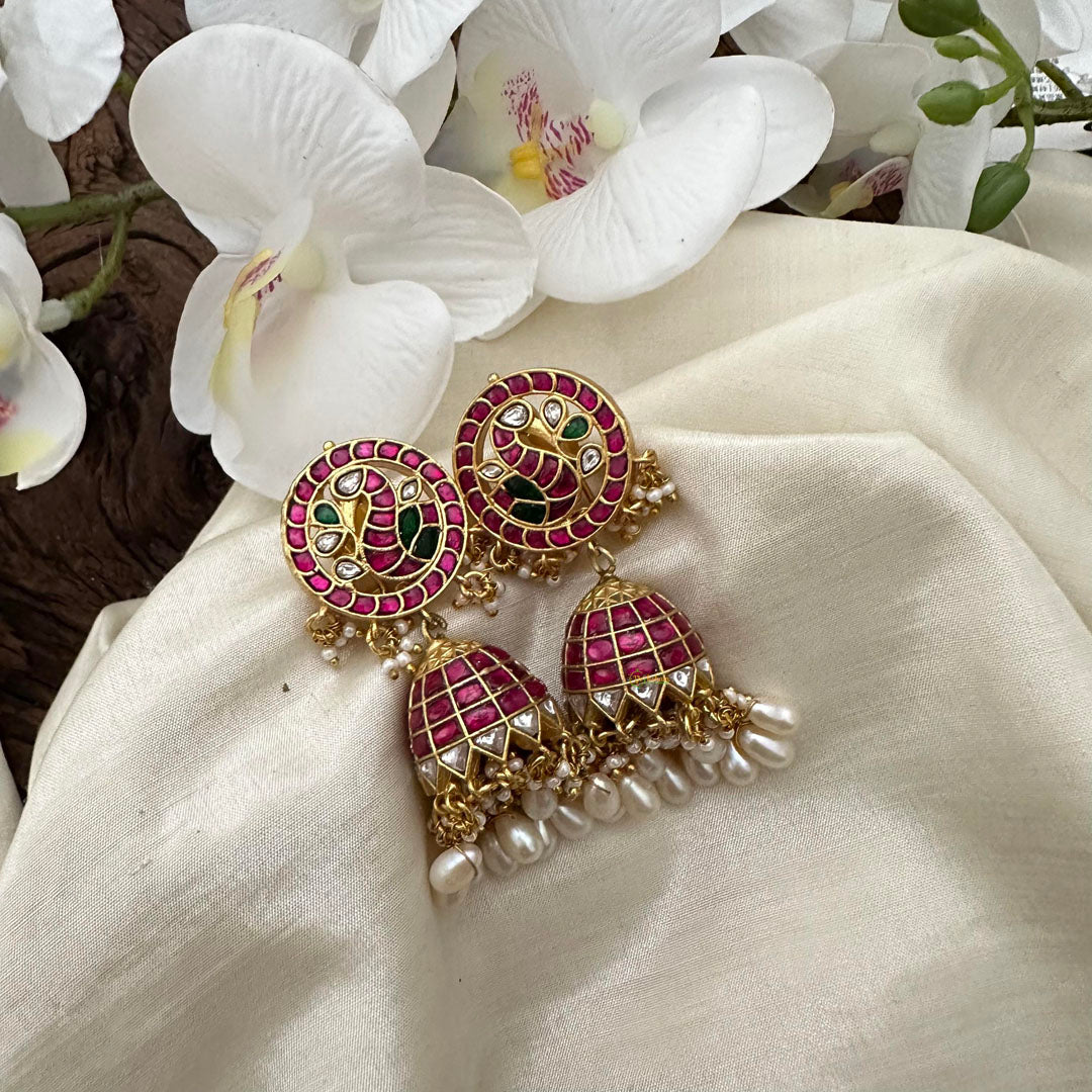 Premium Peacock Jadau Kundan Jhumkas-Mother of Pearl-J2145