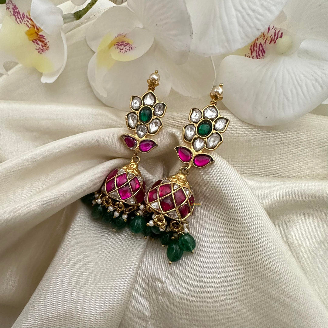 Precious Jadau Kundan Jhumkas-Green Beads-Pearl-J2140