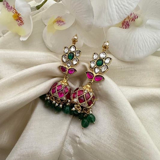 Precious Jadau Kundan Jhumkas-Green Beads-Pearl-J2140