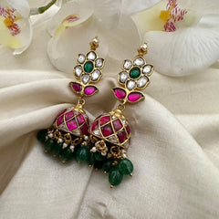 Precious Jadau Kundan Jhumkas-Green Beads-Pearl-J2140