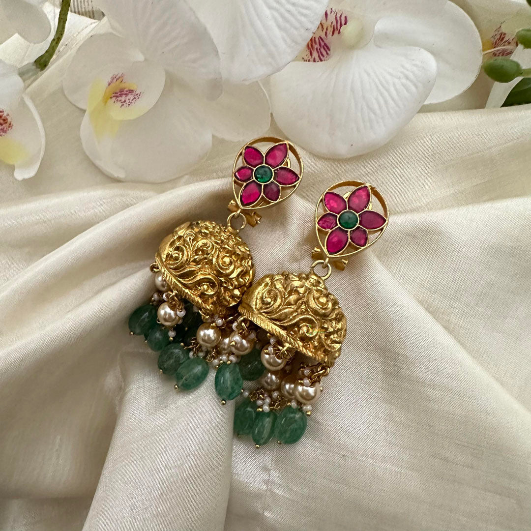 Antique Jadau Kundan Jhumkas-Pastel Green Beads-Pearl-J2132