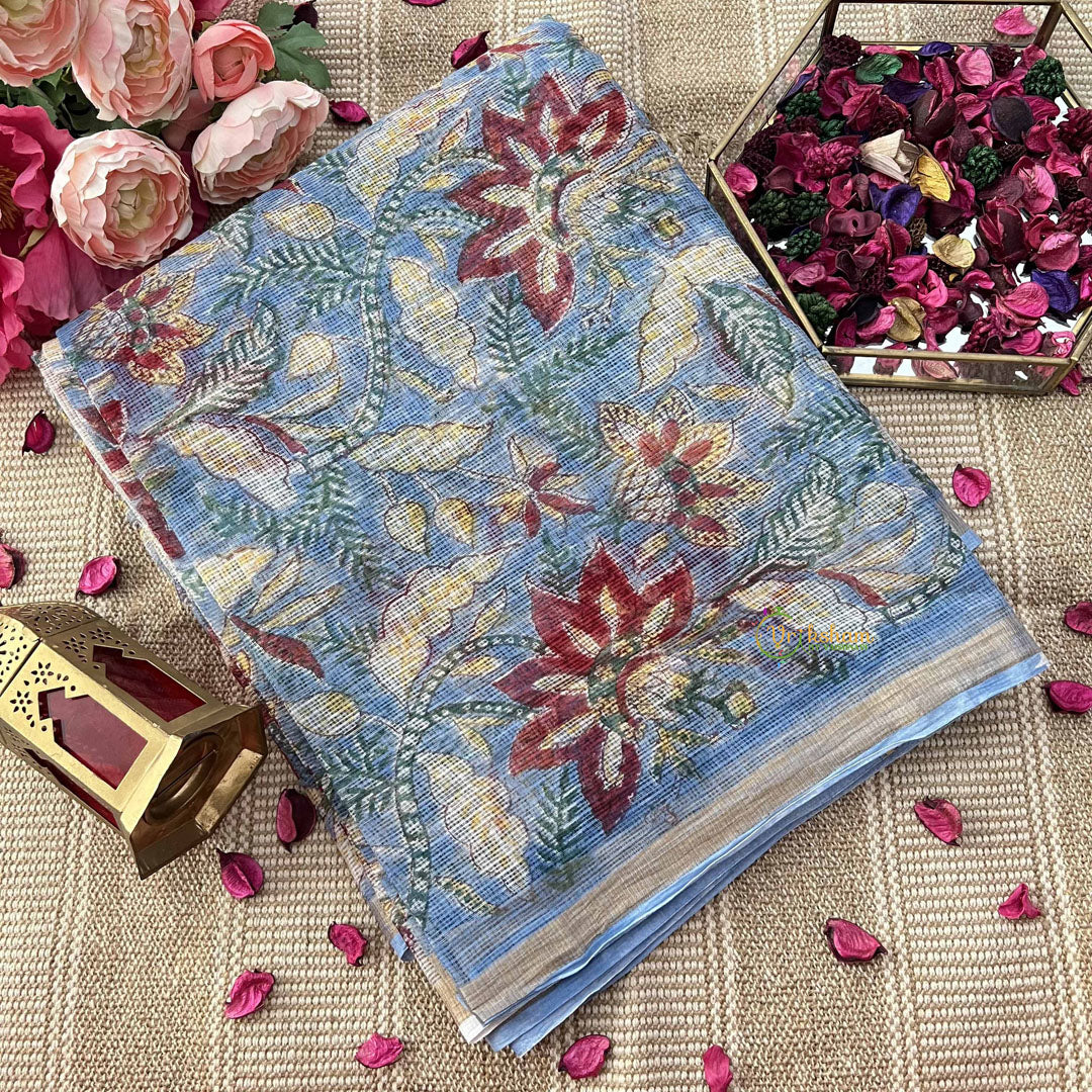 Vriksham Sky Blue & Red White Floral Printed With Kota Cotton Saree-VS4911