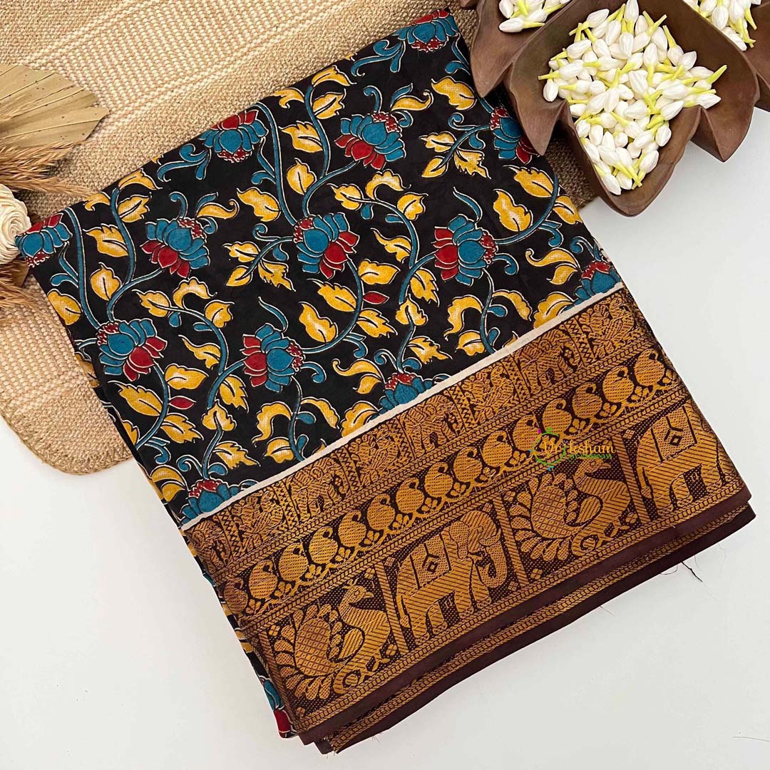 Vriksham Black Authentic Penumaka Printed With Brown Color Kanchi Border Kalamkari Saree-VS5010