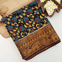 Vriksham Black Authentic Penumaka Printed With Brown Color Kanchi Border Kalamkari Saree-VS5010