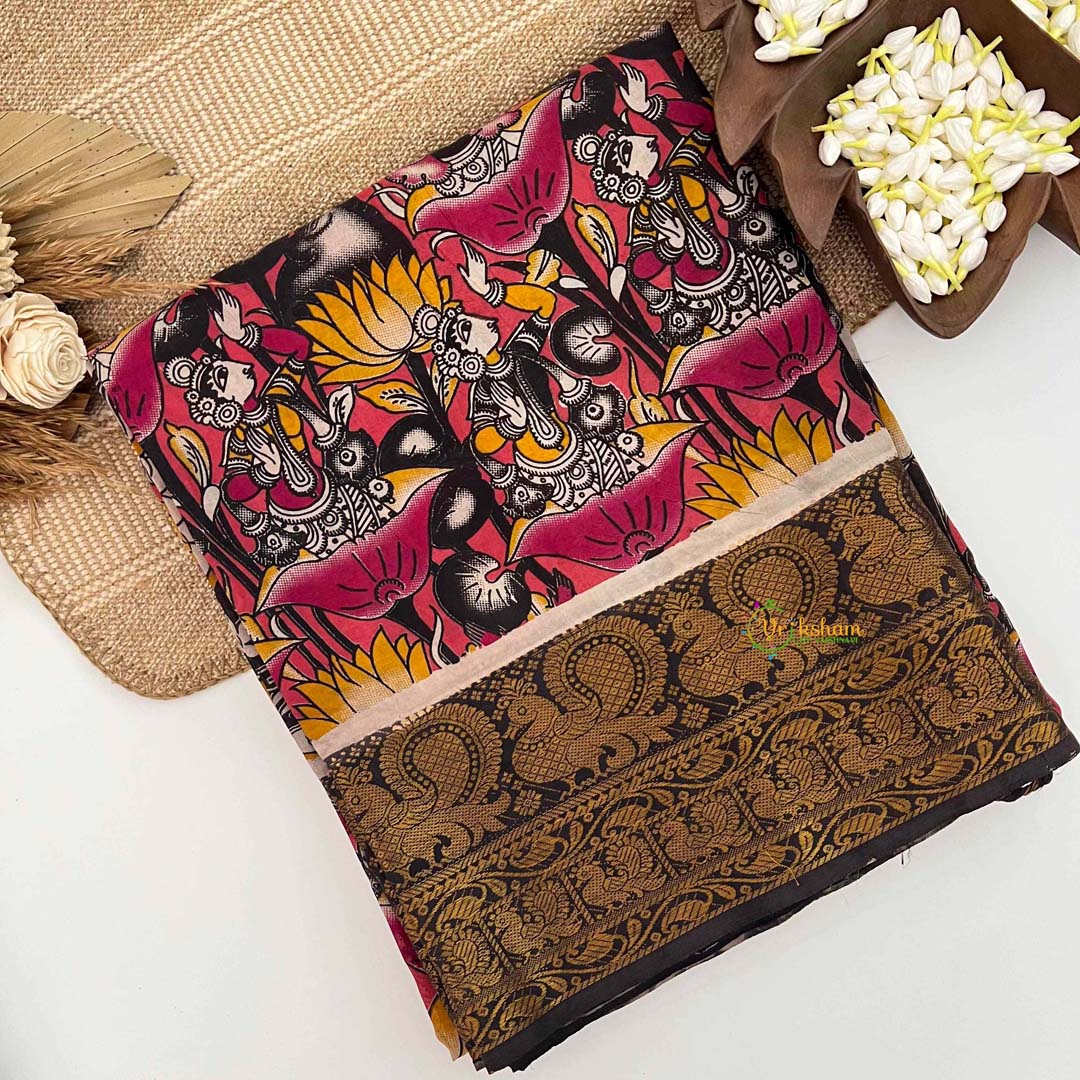 Vriksham Onion Pink Goddess & Lotus Design Printed With Black Kanchi Border Kalamkari Saree-VS5009