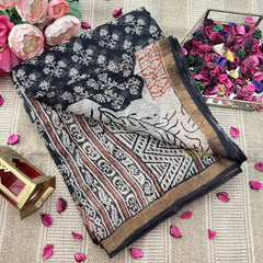 Vriksham Black & White Floral Printed With Kota Cotton Saree-VS4912