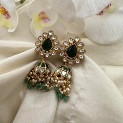 Unique White Green Jadau Kundan Jhumkas-Green Bead-Pearl-J2155