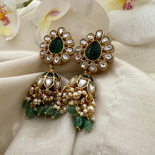 Unique White Green Jadau Kundan Jhumkas-Green Bead-Pearl-J2155