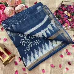 Vriksham Blue & White Floral Printed Kota Cotton Saree-VS4906