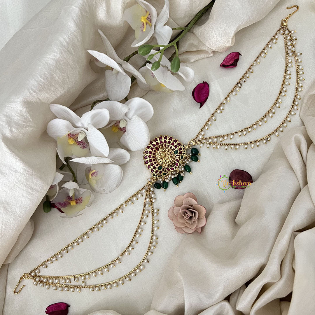 Vriksham Peacock Feather Jada Bun Billai With Pearl Maatil Bridal Jada Billai-Green Bead-G19293