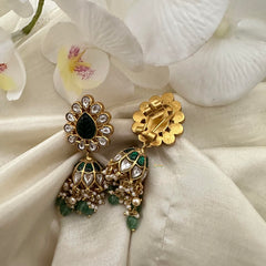 Unique White Green Jadau Kundan Jhumkas-Green Bead-Pearl-J2155