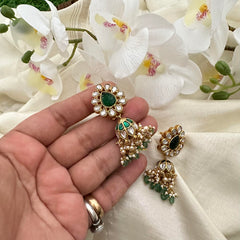 Unique White Green Jadau Kundan Jhumkas-Green Bead-Pearl-J2155