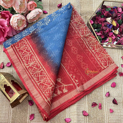 Vriksham Blue &  White Floral Printed Red Border Kota Cotton Saree-VS4918