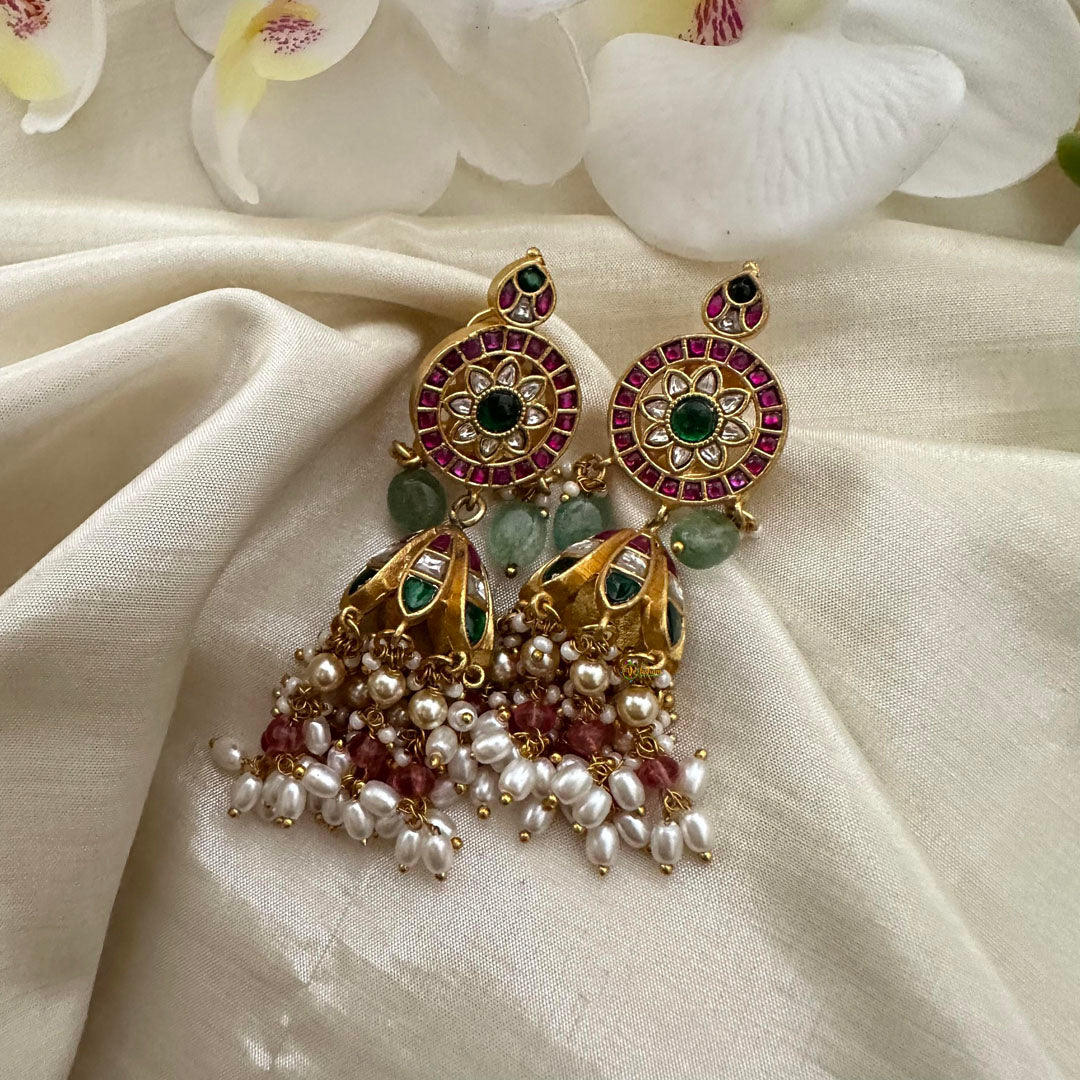 Designer Jadau Kundan Jhumkas-Pink Bead-Rice Pearl-J2154