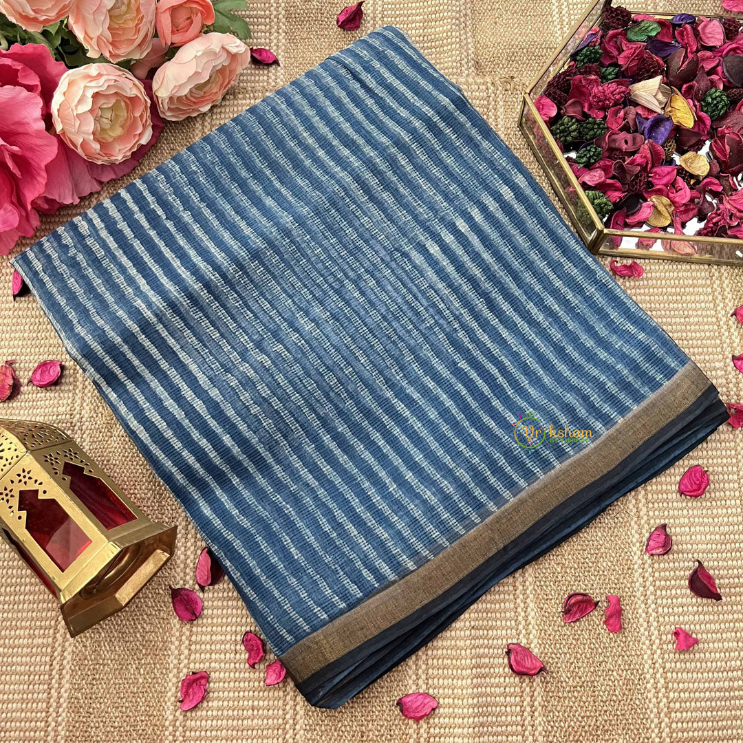 Vriksham Indigo Stripe Hand Block Kota Cotton Saree-VS4914