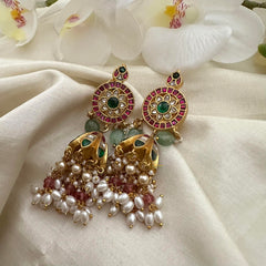 Designer Jadau Kundan Jhumkas-Pink Bead-Rice Pearl-J2154