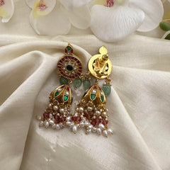 Designer Jadau Kundan Jhumkas-Pink Bead-Rice Pearl-J2154