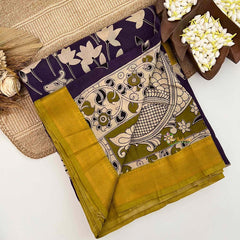 Vriksham Deep Indigo Kamadhenu & Floral Printed With Golden Zari Nizam Border Kalamkari Saree-VS5007