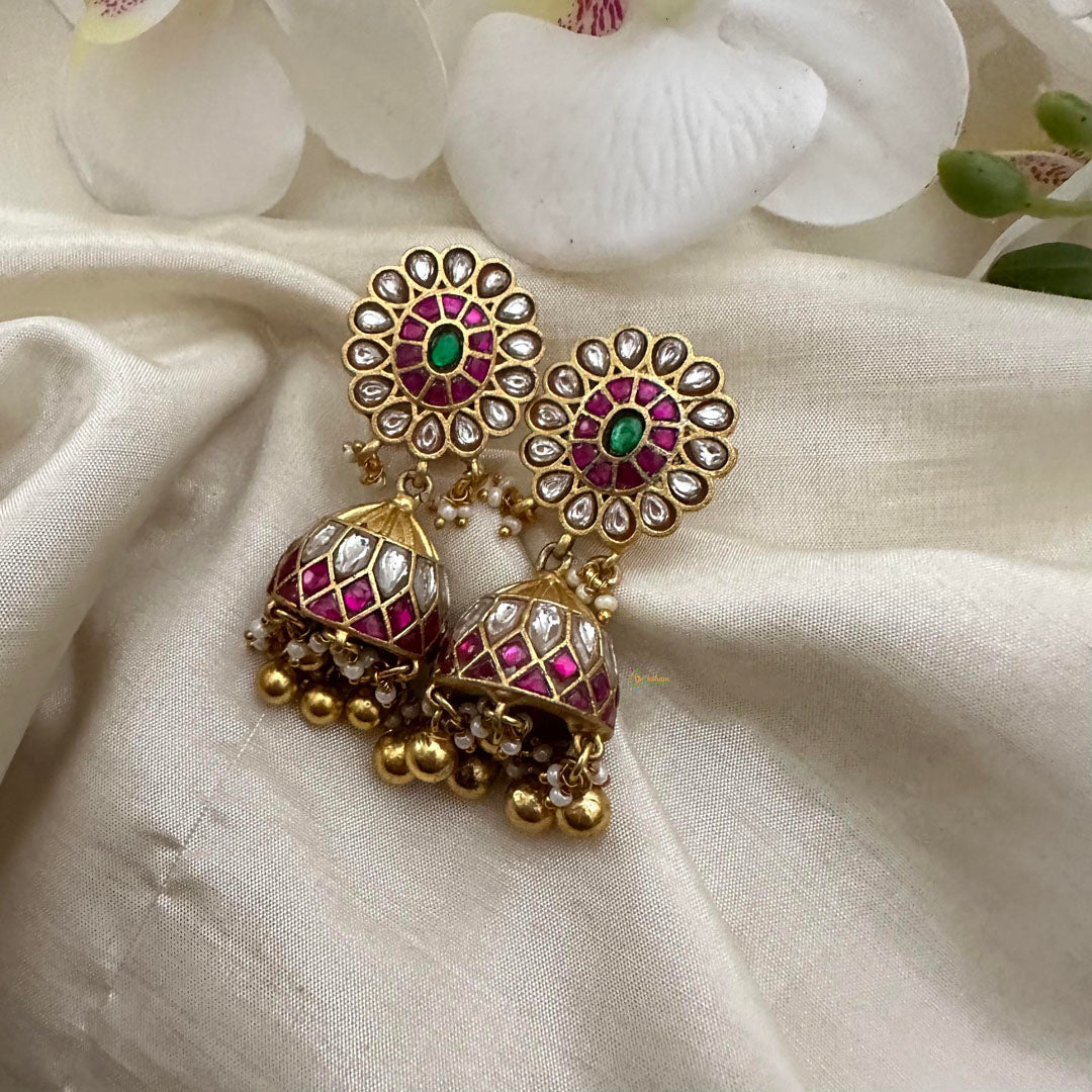 Precious Jadau Kundan Jhumkas-Golden Beads-Pearl-J2138