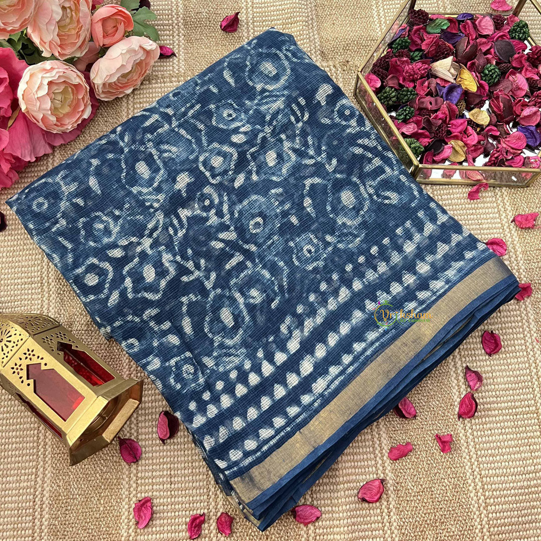 Vriksham Indigo Floral & Geometric Print Kota Cotton Saree-VS4921