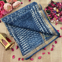 Vriksham Indigo Floral & Geometric Print Kota Cotton Saree-VS4921