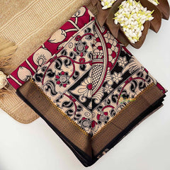 Vriksham Burgundy Red Lotus Motif Printed With Golden Nizam Border Kalamkari Saree-VS5014