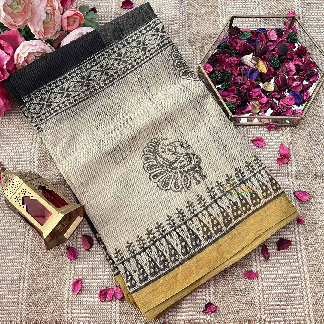 Vriksham Black & White Peacock Printed With Yellow Border Kota Cotton Saree-VS4910