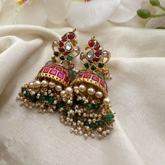 Gold Alike Peacock Jadau Kundan Jhumkas-Green Beads-Pearl-J2144