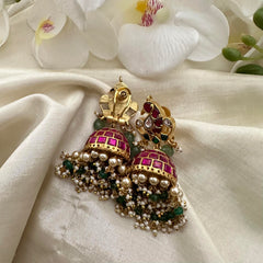 Gold Alike Peacock Jadau Kundan Jhumkas-Green Beads-Pearl-J2144