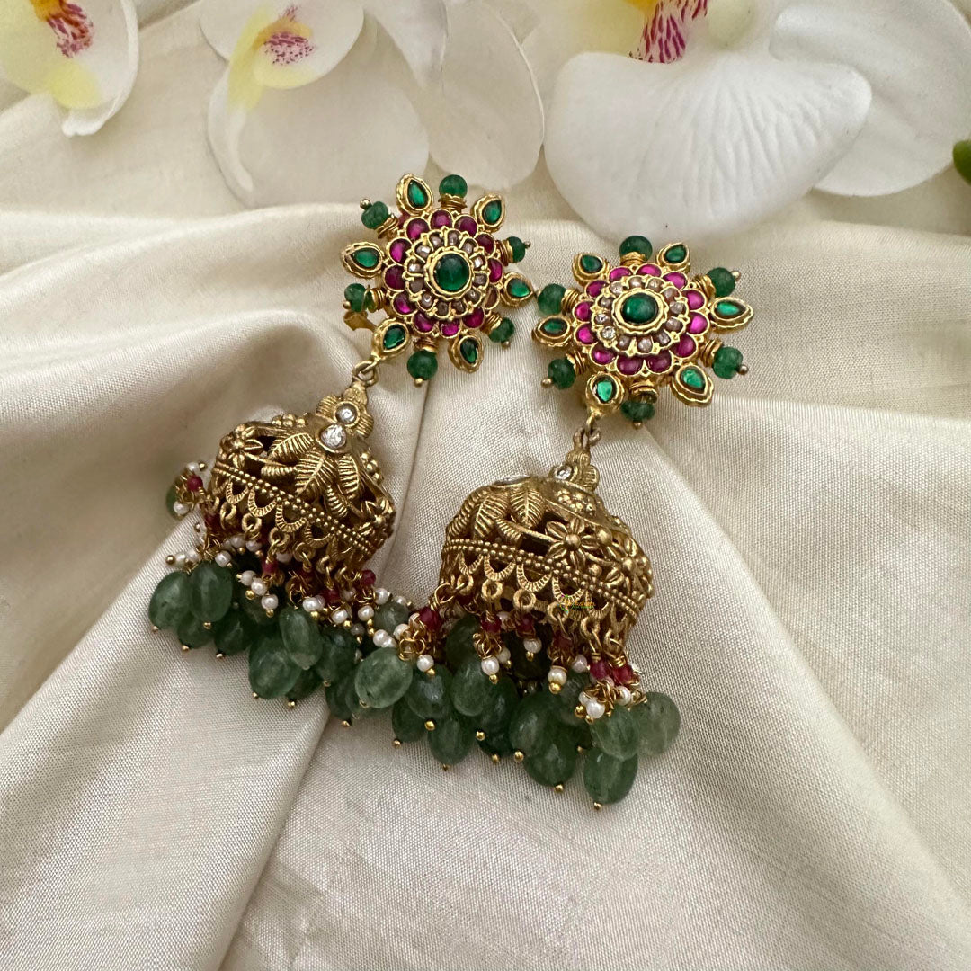 Antique Polish Jadau Kundan Jhumkas-Aqua Green Beads-J2135