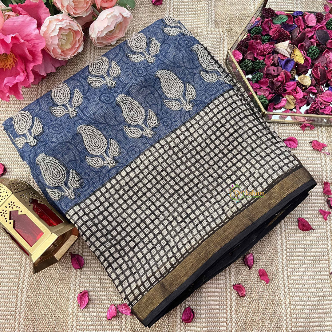 Vriksham Blue Block Print Hand block Kota Cotton Saree-VS4926