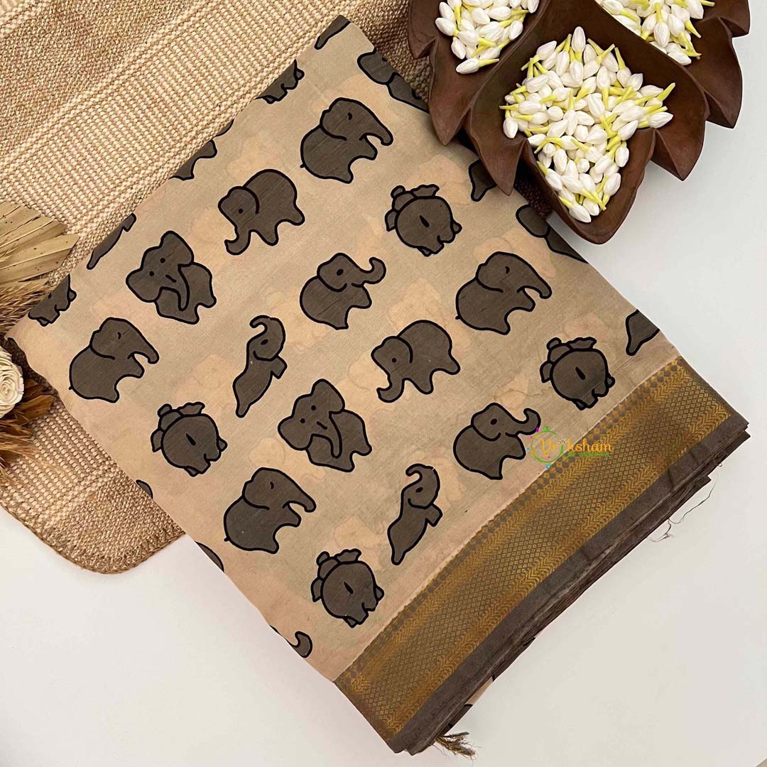 Vriksham Off-White With Slate Grey Elephant Printed With Golden Zari Nizam Border Kalamkari Saree-VS5002