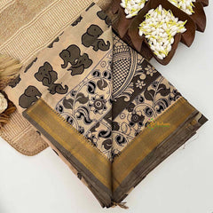 Vriksham Off-White With Slate Grey Elephant Printed With Golden Zari Nizam Border Kalamkari Saree-VS5002
