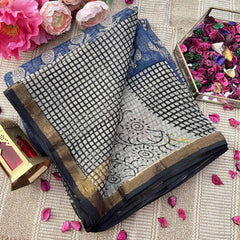 Vriksham Blue Block Print Hand block Kota Cotton Saree-VS4926