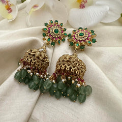 Antique Polish Jadau Kundan Jhumkas-Aqua Green Beads-J2135