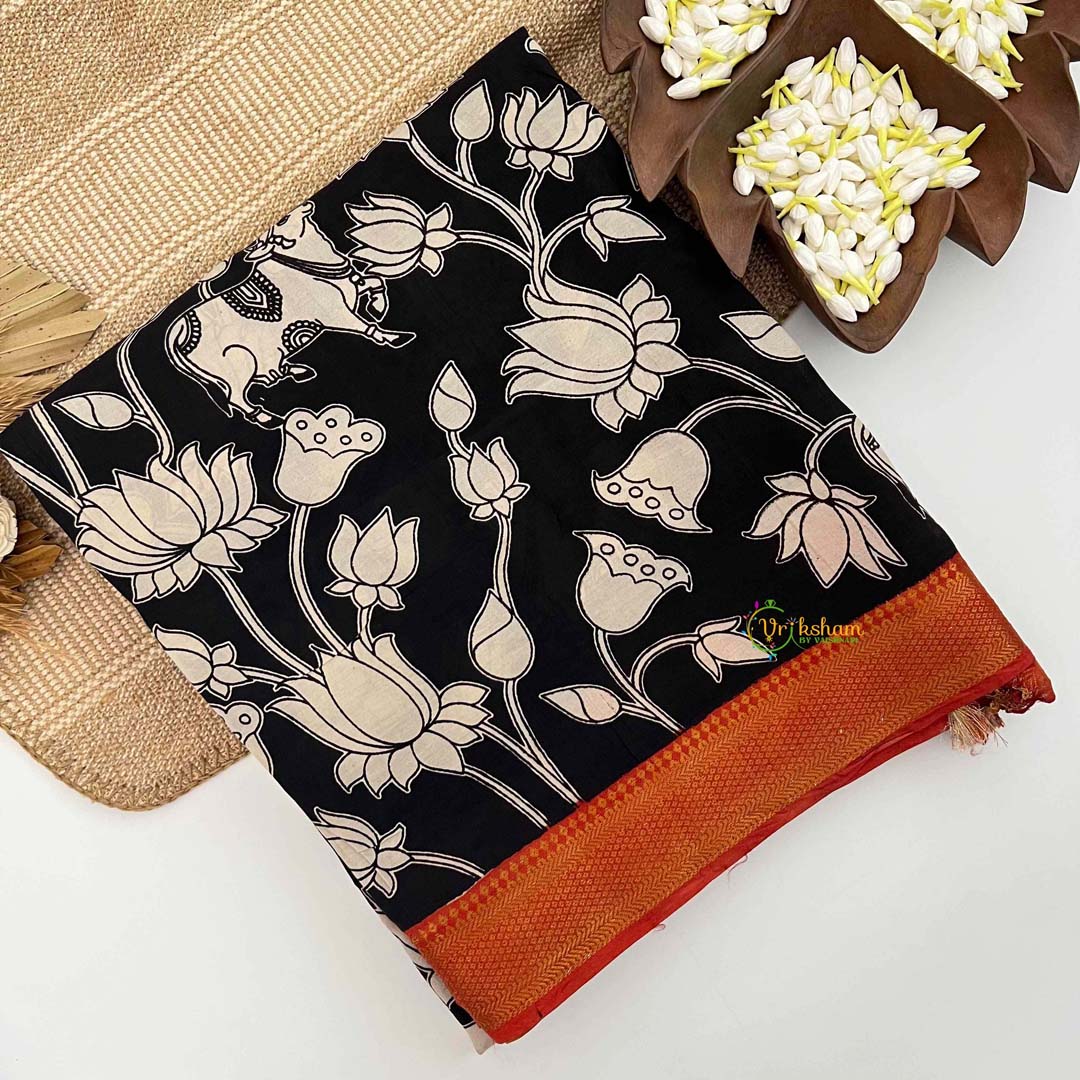 Vriksham Black Pichwai & Lotus Bloom Printed With Golden Zari Nizam Border Kalamkari Saree-VS5000