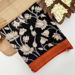 Vriksham Black Pichwai & Lotus Bloom Printed With Golden Zari Nizam Border Kalamkari Saree-VS5000