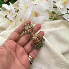 Antique Polish Jadau Kundan Jhumkas-Aqua Green Beads-J2135