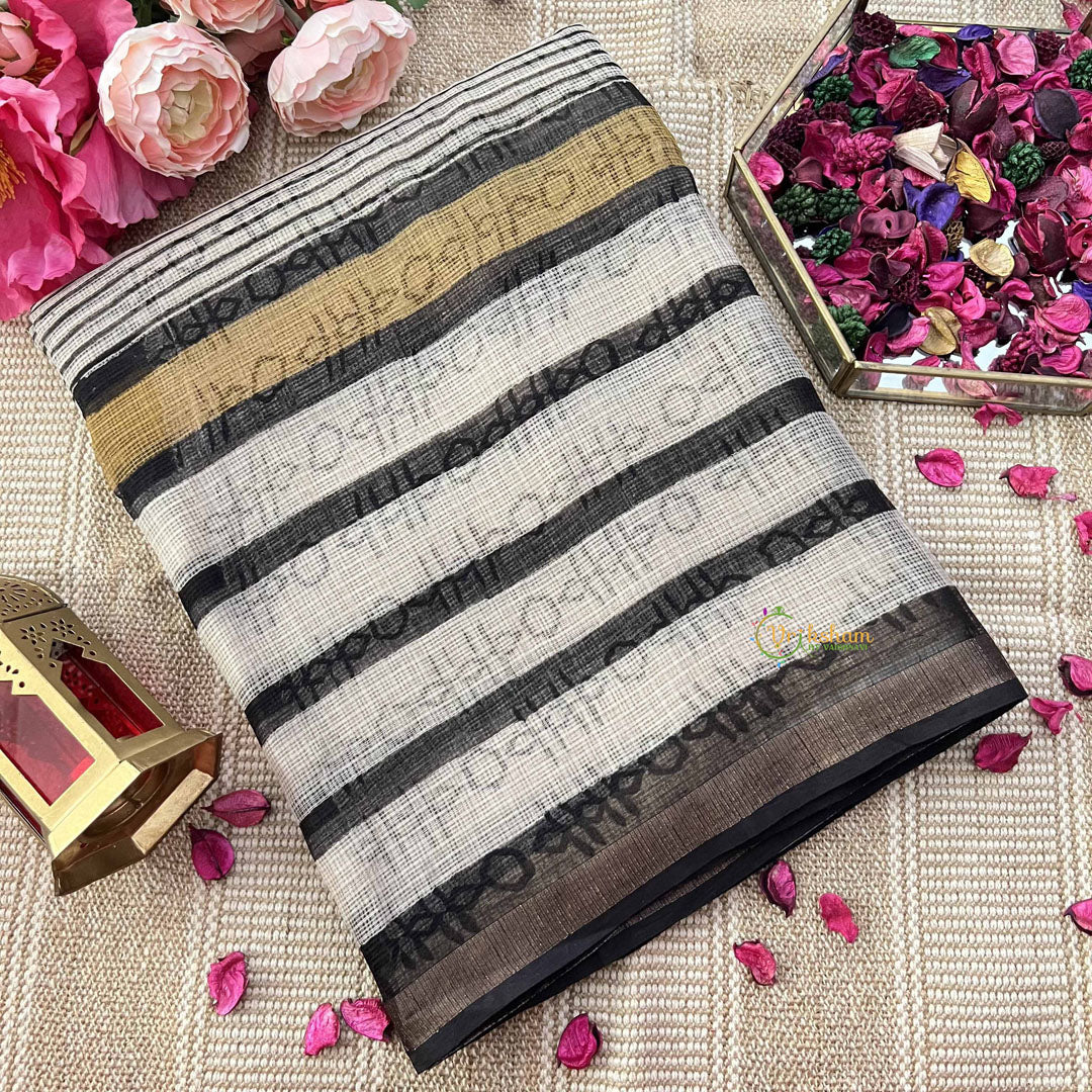Vriksham Black & White Striped Print Hand block Kota Cotton Saree-VS4929