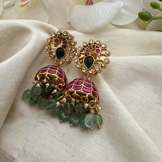 Peacock Jadau Kundan Jhumkas-Aqua Green Beads-Pearl-J2133