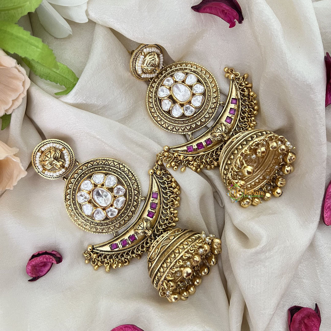 Vriksham Gold Look Alike Elegant Half Moon Style Jhumka-Ghungroo-Pearls-G17161