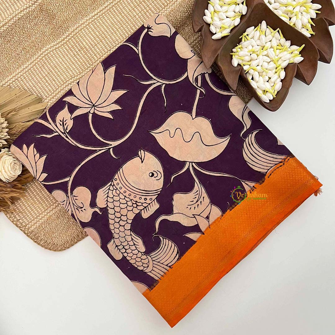 Vriksham Deep Violet Fish & Floral motif Printed With Golden Zari Nizam Border Kalamkari Saree-VS5005