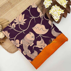 Vriksham Deep Violet Fish & Floral motif Printed With Golden Zari Nizam Border Kalamkari Saree-VS5005