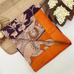 Vriksham Deep Violet Fish & Floral motif Printed With Golden Zari Nizam Border Kalamkari Saree-VS5005